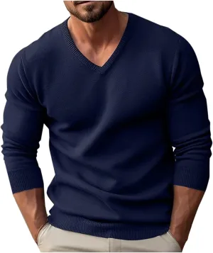 Men V Neck Sweater Long Sleeve Slim Fit Casual Pullover Tops Lightweight Comfy Knitted Dress Sweaters Fashion Clothes