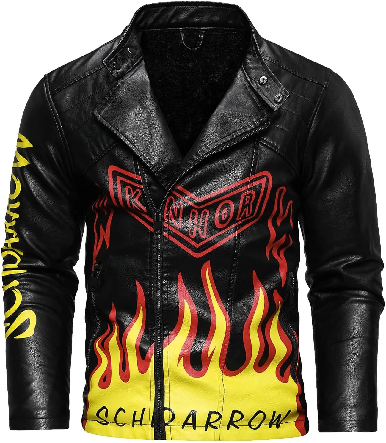 Men's Bomber Jacket Leather Casual Stand Collar Pu Faux Zip-Up Motorcycle Jacket With Pocket Flame Print Outwears