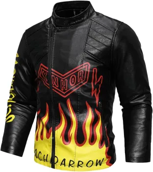 Men's Bomber Jacket Leather Casual Stand Collar Pu Faux Zip-Up Motorcycle Jacket With Pocket Flame Print Outwears
