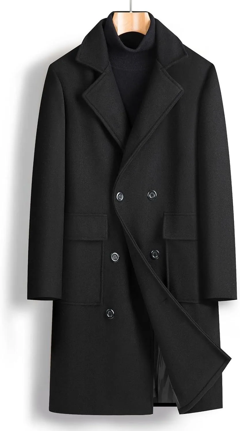 Men's Business Casual Long Trench Coat Classic Double Breasted Wool Blend Pea Coat Warm Winter Overcoat with Pockets