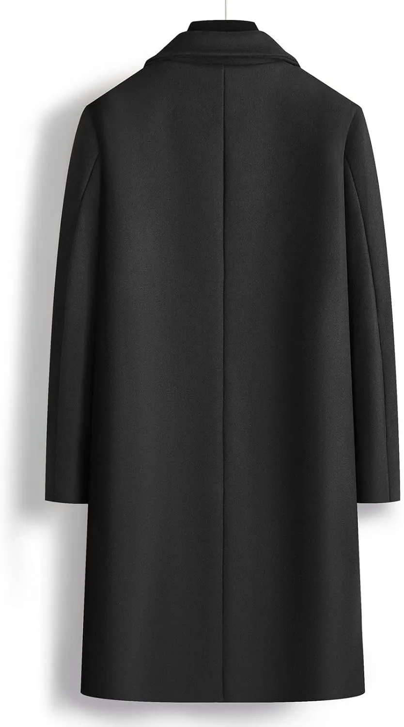 Men's Business Casual Long Trench Coat Classic Double Breasted Wool Blend Pea Coat Warm Winter Overcoat with Pockets