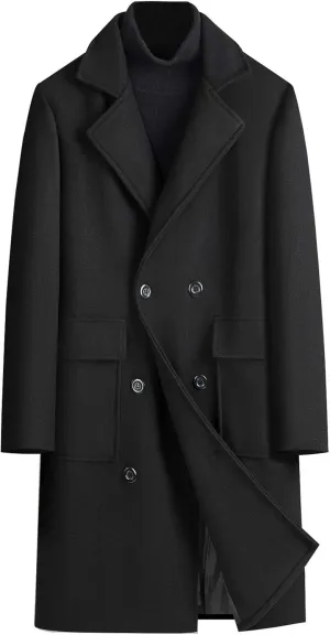 Men's Business Casual Long Trench Coat Classic Double Breasted Wool Blend Pea Coat Warm Winter Overcoat with Pockets