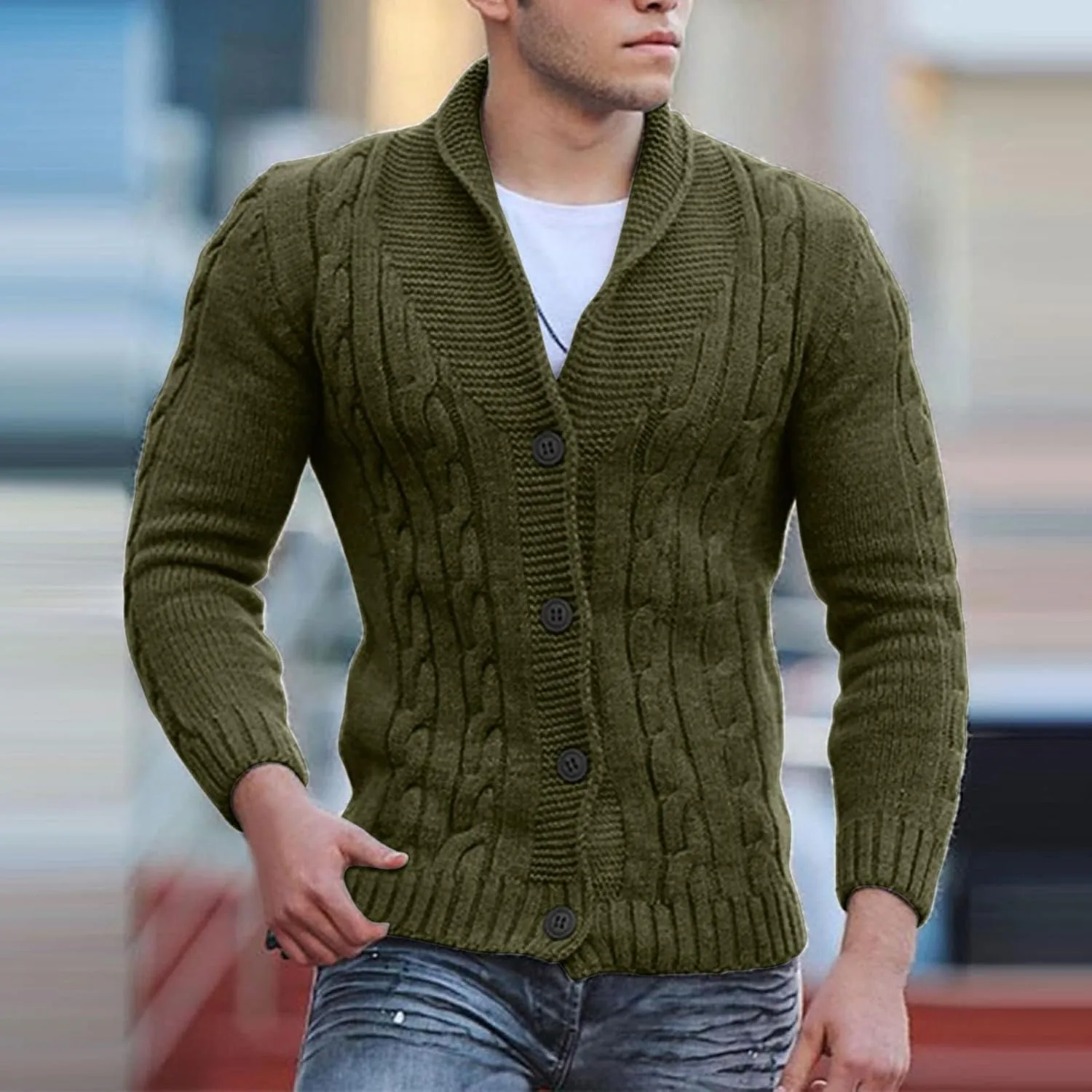 Men's Cardigan Sweater Button Down Long Sleeve Pullover Solid Color Knitted Hooded Casual Loose Knitwear with Pockets