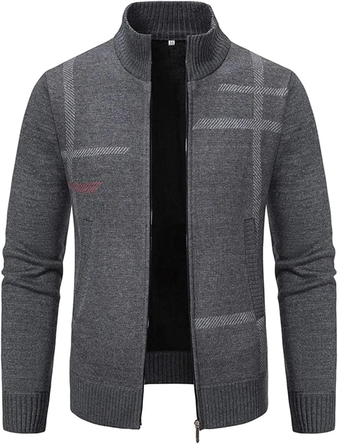 Men's Cardigan Sweaters Full Zip Up Stand Collar Slim Fit Casual Knitted Sweater with 2 Pockets Stripe Knit Cardigan