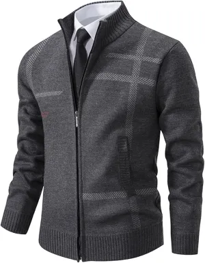 Men's Cardigan Sweaters Full Zip Up Stand Collar Slim Fit Casual Knitted Sweater with 2 Pockets Stripe Knit Cardigan
