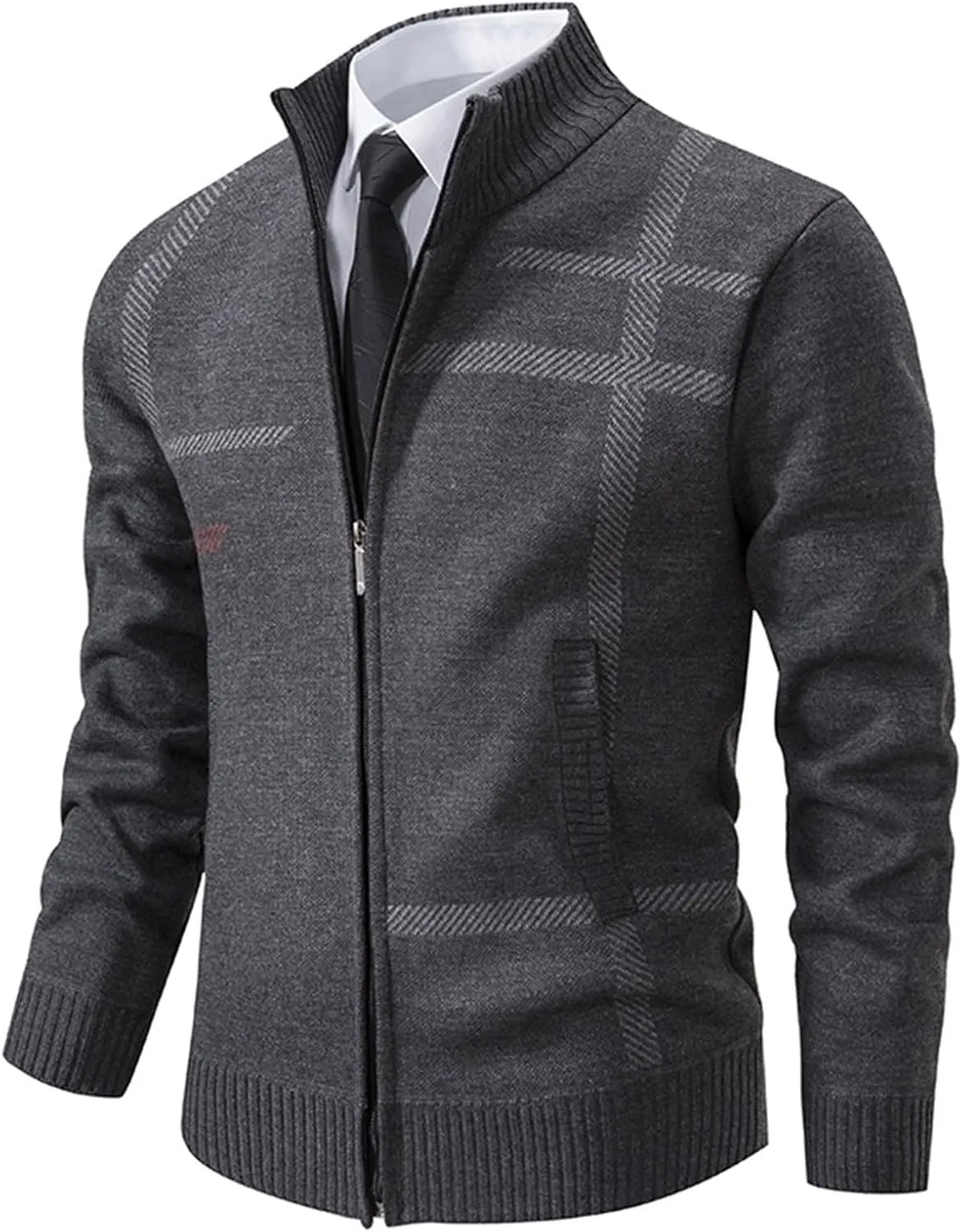 Men's Cardigan Sweaters Full Zip Up Stand Collar Slim Fit Casual Knitted Sweater with 2 Pockets Stripe Knit Cardigan