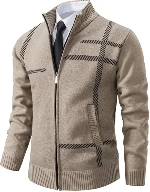 Men's Cardigan Sweaters Full Zip Up Stand Collar Slim Fit Casual Knitted Sweater with 2 Pockets Stripe Knit Cardigan