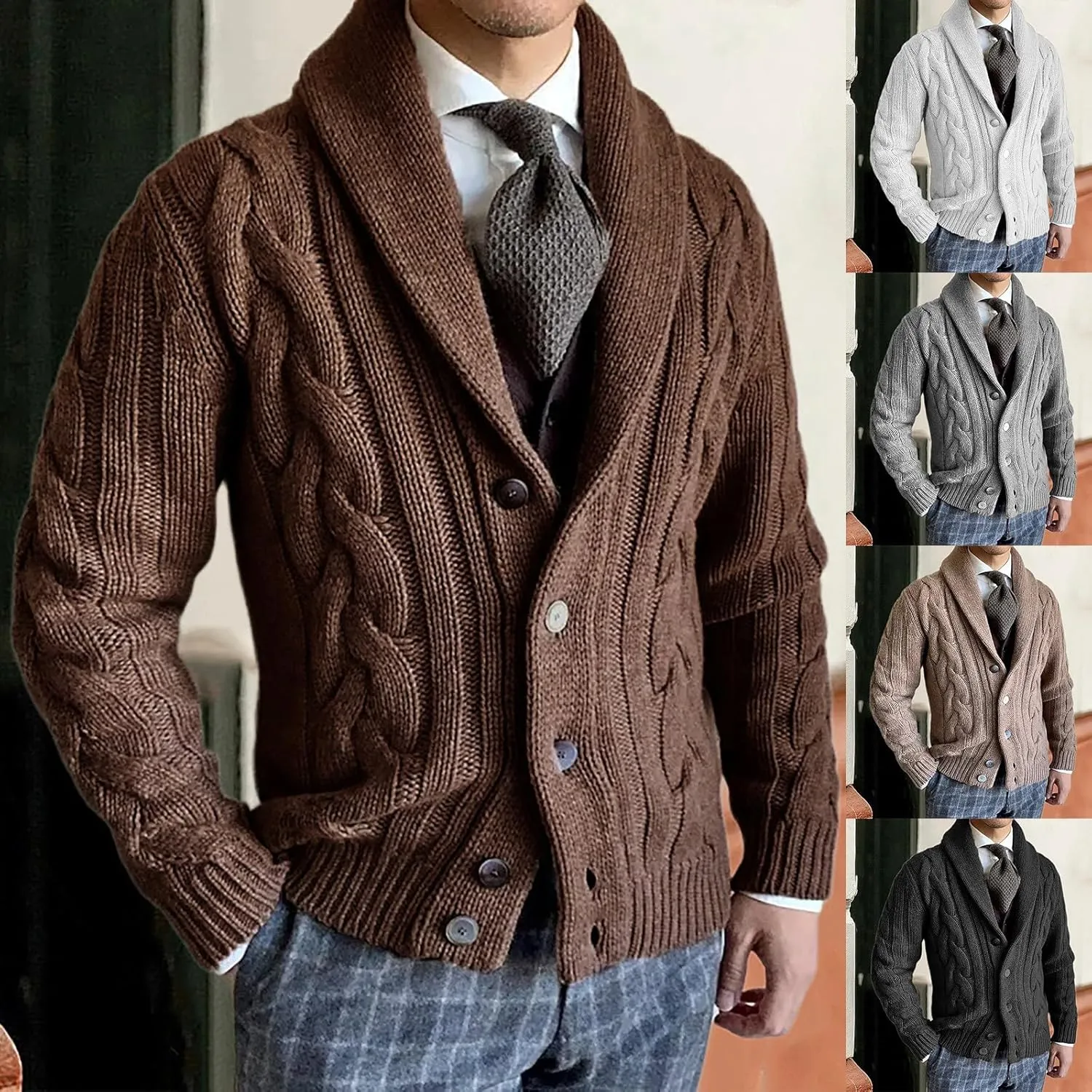 Men's Cardigan Sweaters Plaited Cable Slim Fit Shawl Collar Button Down Sweater Winter Soft Warm Knitted Coat Outwear