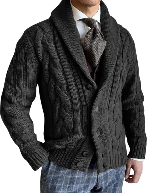 Men's Cardigan Sweaters Plaited Cable Slim Fit Shawl Collar Button Down Sweater Winter Soft Warm Knitted Coat Outwear