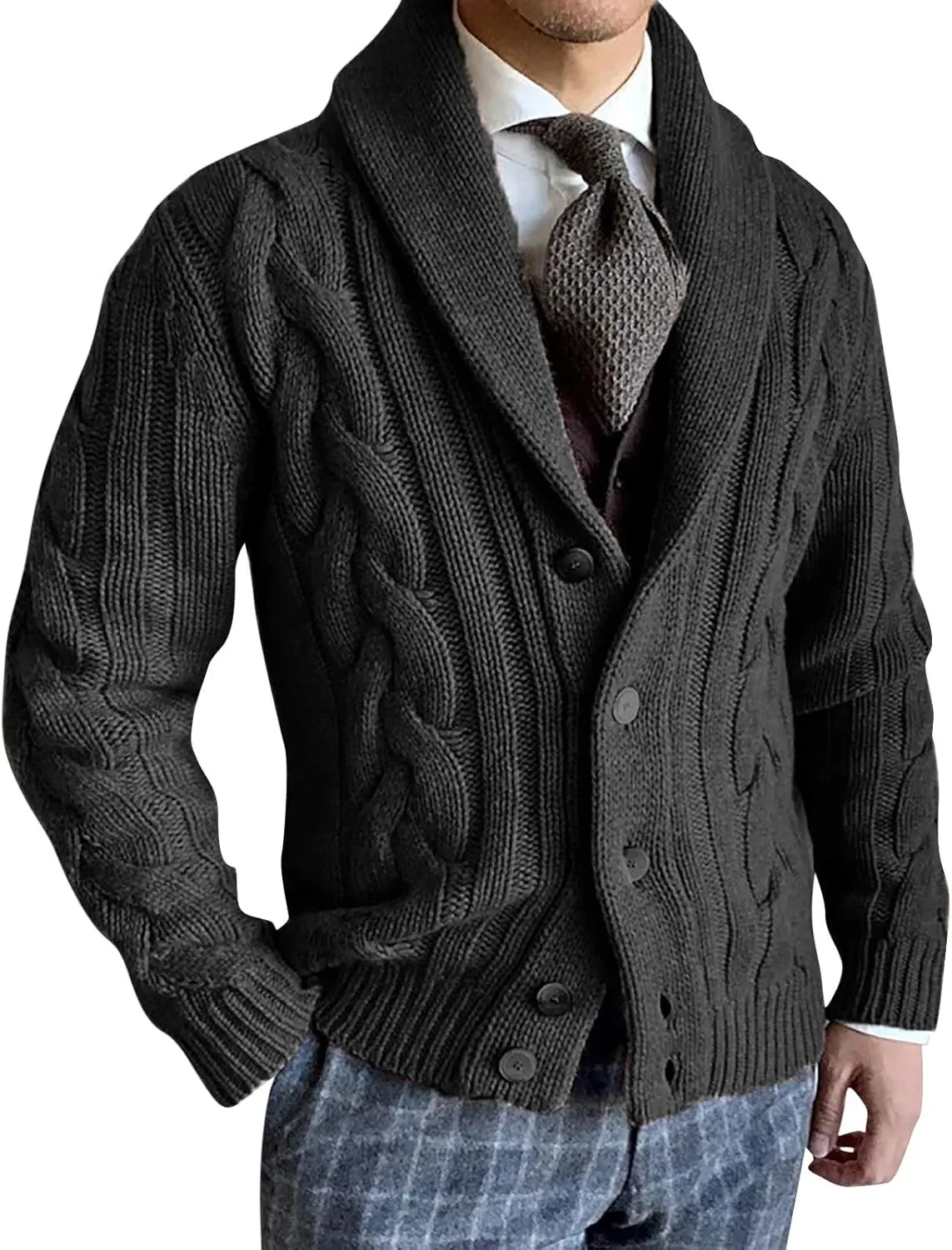 Men's Cardigan Sweaters Plaited Cable Slim Fit Shawl Collar Button Down Sweater Winter Soft Warm Knitted Coat Outwear