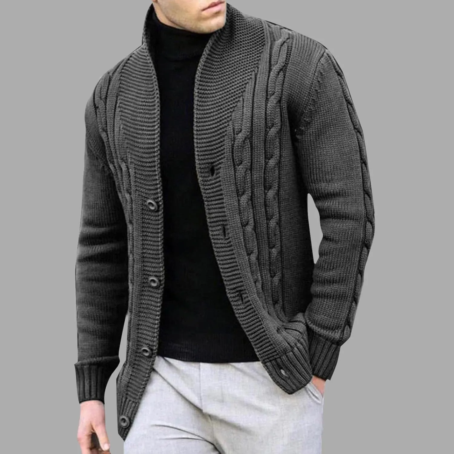 Men's Cardigan Sweaters Slim Fit Stand Collar Cardigans Casual Long Sleeve Cable Knitted Button Down Sweater Coats