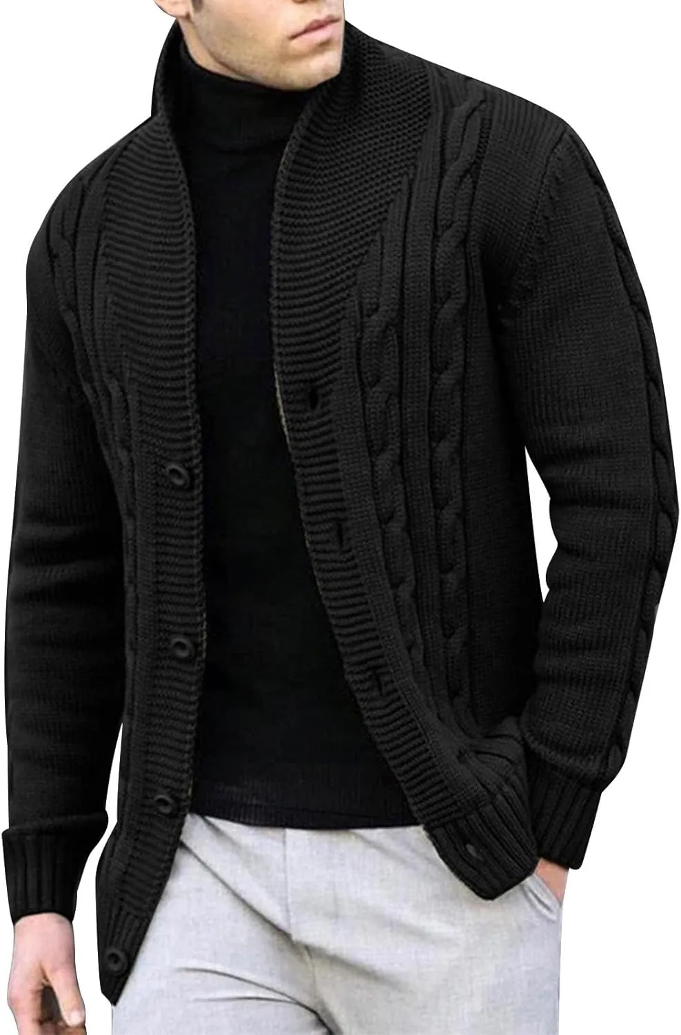 Men's Cardigan Sweaters Slim Fit Stand Collar Cardigans Casual Long Sleeve Cable Knitted Button Down Sweater Coats