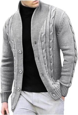 Men's Cardigan Sweaters Slim Fit Stand Collar Cardigans Casual Long Sleeve Cable Knitted Button Down Sweater Coats