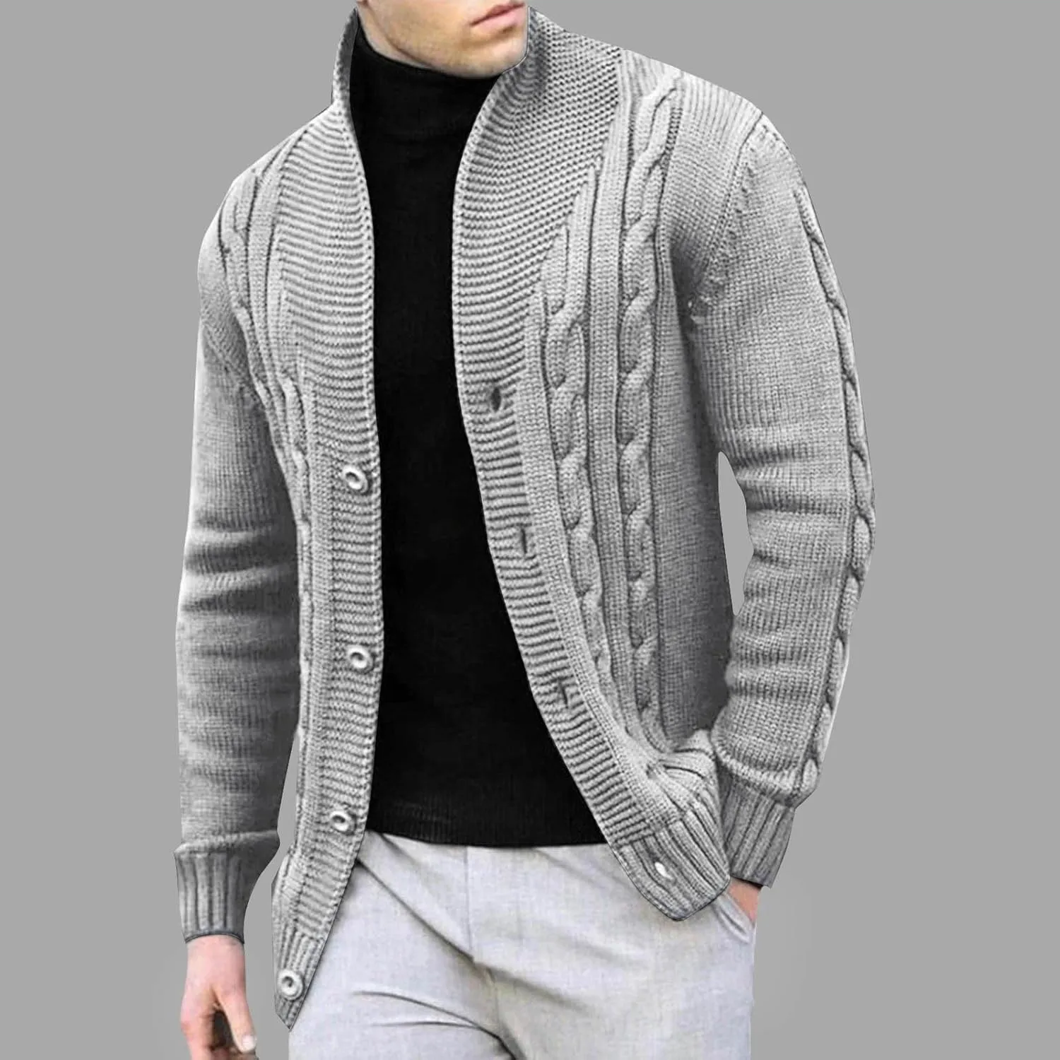 Men's Cardigan Sweaters Slim Fit Stand Collar Cardigans Casual Long Sleeve Cable Knitted Button Down Sweater Coats