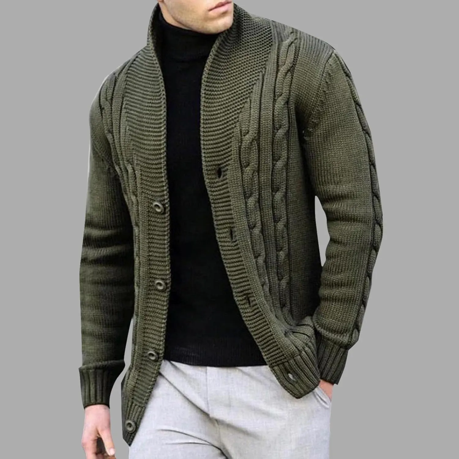 Men's Cardigan Sweaters Slim Fit Stand Collar Cardigans Casual Long Sleeve Cable Knitted Button Down Sweater Coats