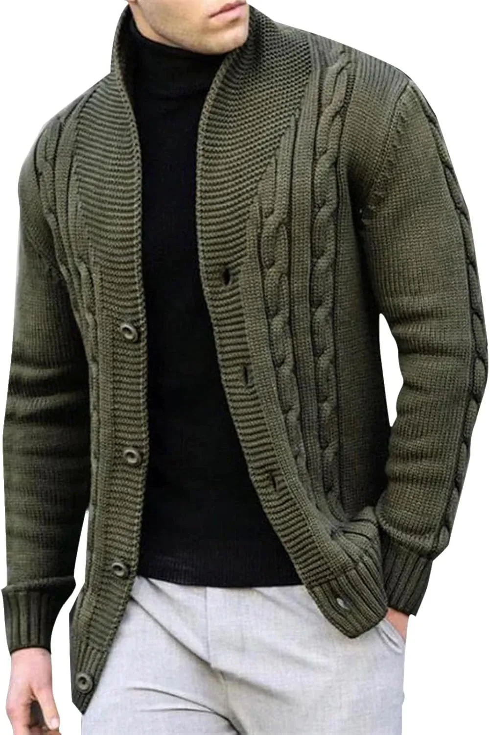 Men's Cardigan Sweaters Slim Fit Stand Collar Cardigans Casual Long Sleeve Cable Knitted Button Down Sweater Coats