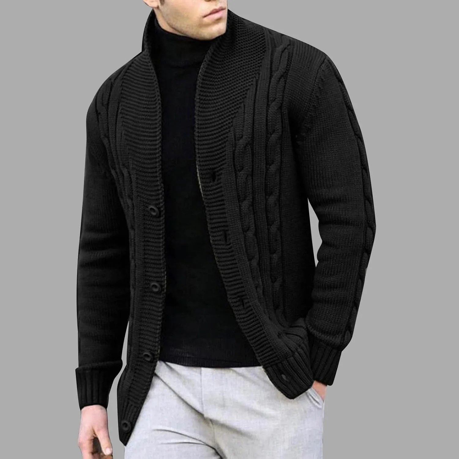 Men's Cardigan Sweaters Slim Fit Stand Collar Cardigans Casual Long Sleeve Cable Knitted Button Down Sweater Coats