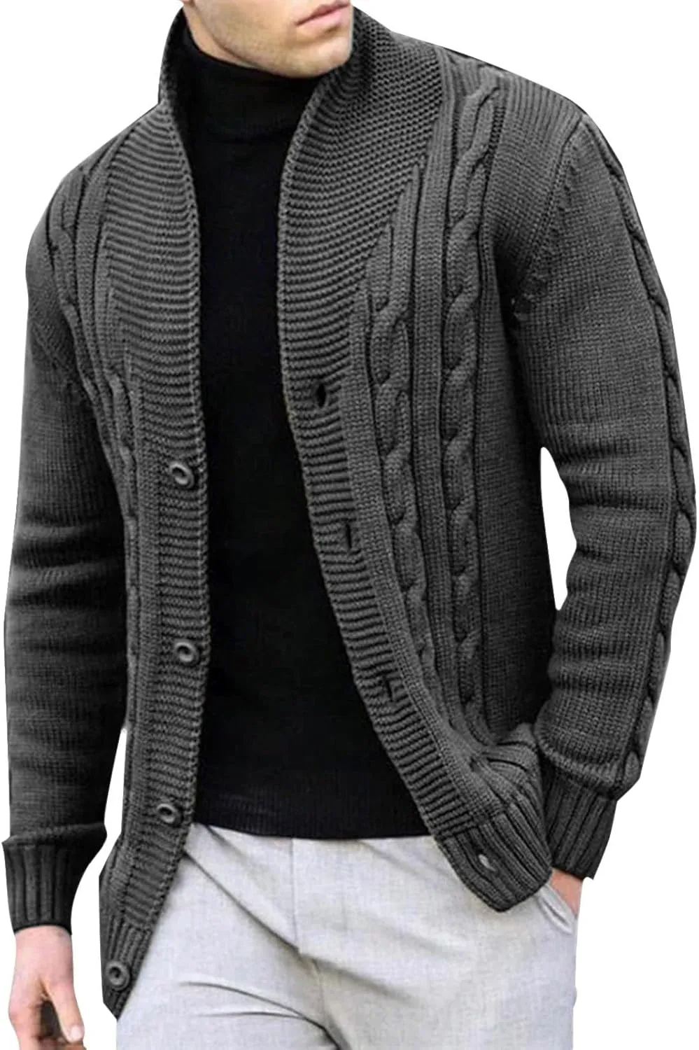 Men's Cardigan Sweaters Slim Fit Stand Collar Cardigans Casual Long Sleeve Cable Knitted Button Down Sweater Coats