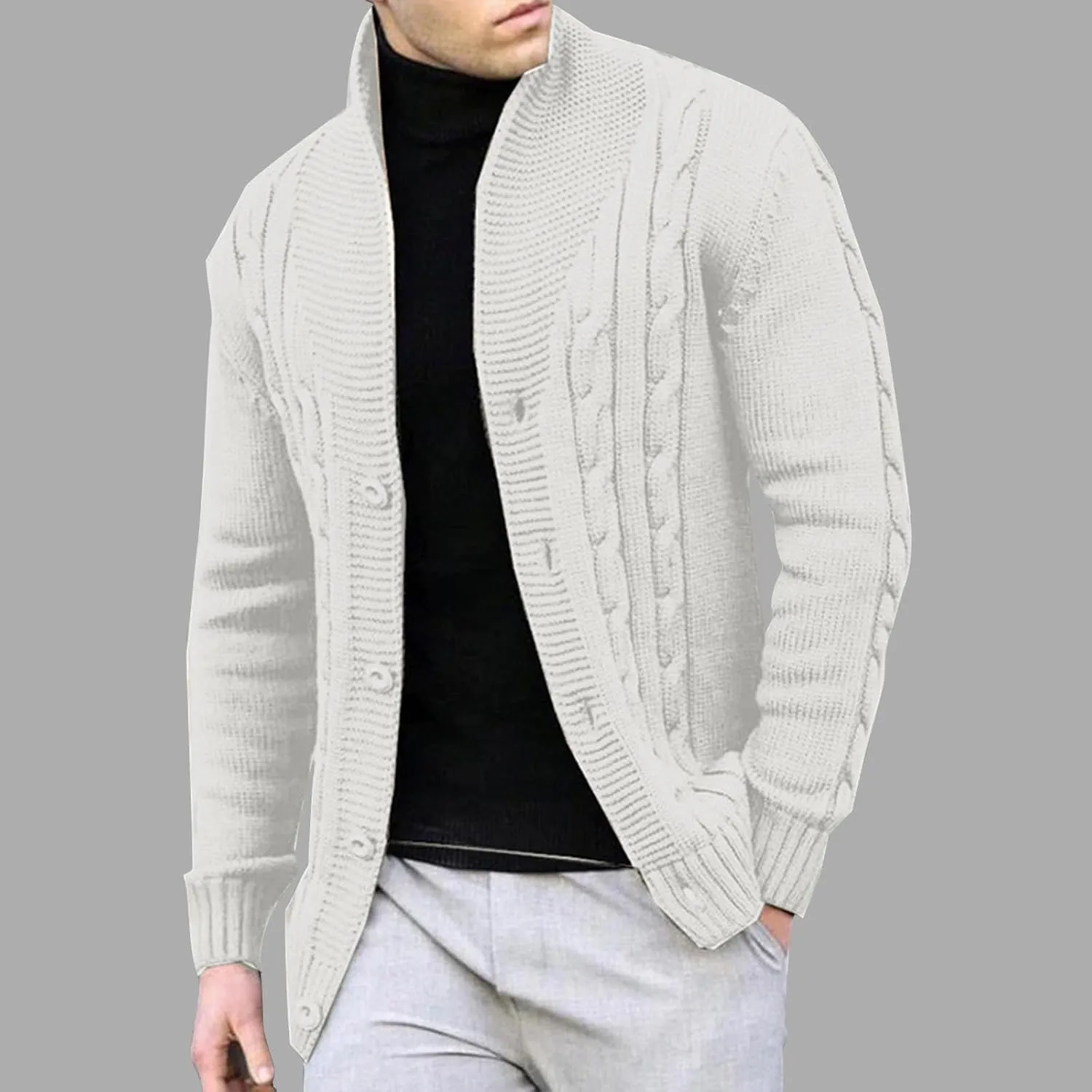 Men's Cardigan Sweaters Slim Fit Stand Collar Cardigans Casual Long Sleeve Cable Knitted Button Down Sweater Coats