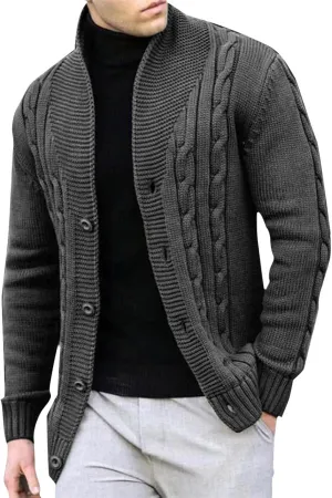 Men's Cardigan Sweaters Slim Fit Stand Collar Cardigans Casual Long Sleeve Cable Knitted Button Down Sweater Coats