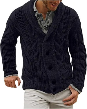Men's Cashmere Sweaters, Mens Cable Knit Cardigan Sweater Shawl Collar Loose Fit Long Sleeve Casual Cardigans