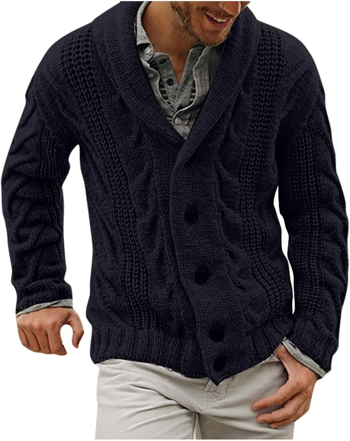 Men's Cashmere Sweaters, Mens Cable Knit Cardigan Sweater Shawl Collar Loose Fit Long Sleeve Casual Cardigans