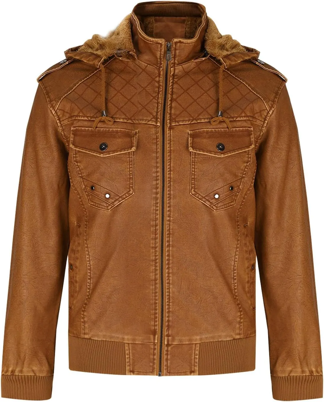 Men's Casual Faux Leather Motorcycle Bomber Jacket with Hood,Stand Collar and Zip-Up Design Vintage Biker Racing Coat