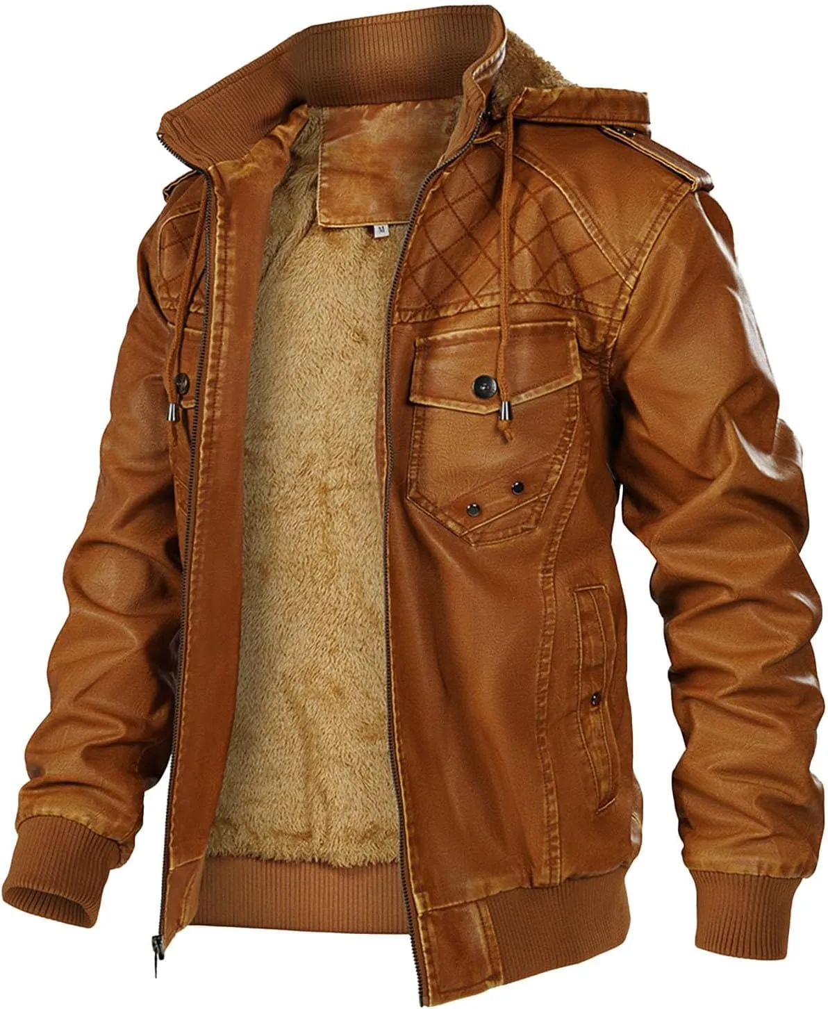 Men's Casual Faux Leather Motorcycle Bomber Jacket with Hood,Stand Collar and Zip-Up Design Vintage Biker Racing Coat