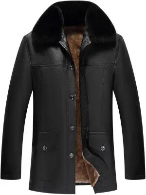 Men's Classic Faux Leather Jacket Motorcycle Winter Fleece Lined Sherpa Faux Fur Lapel Casual Zipper PU Leather Coats