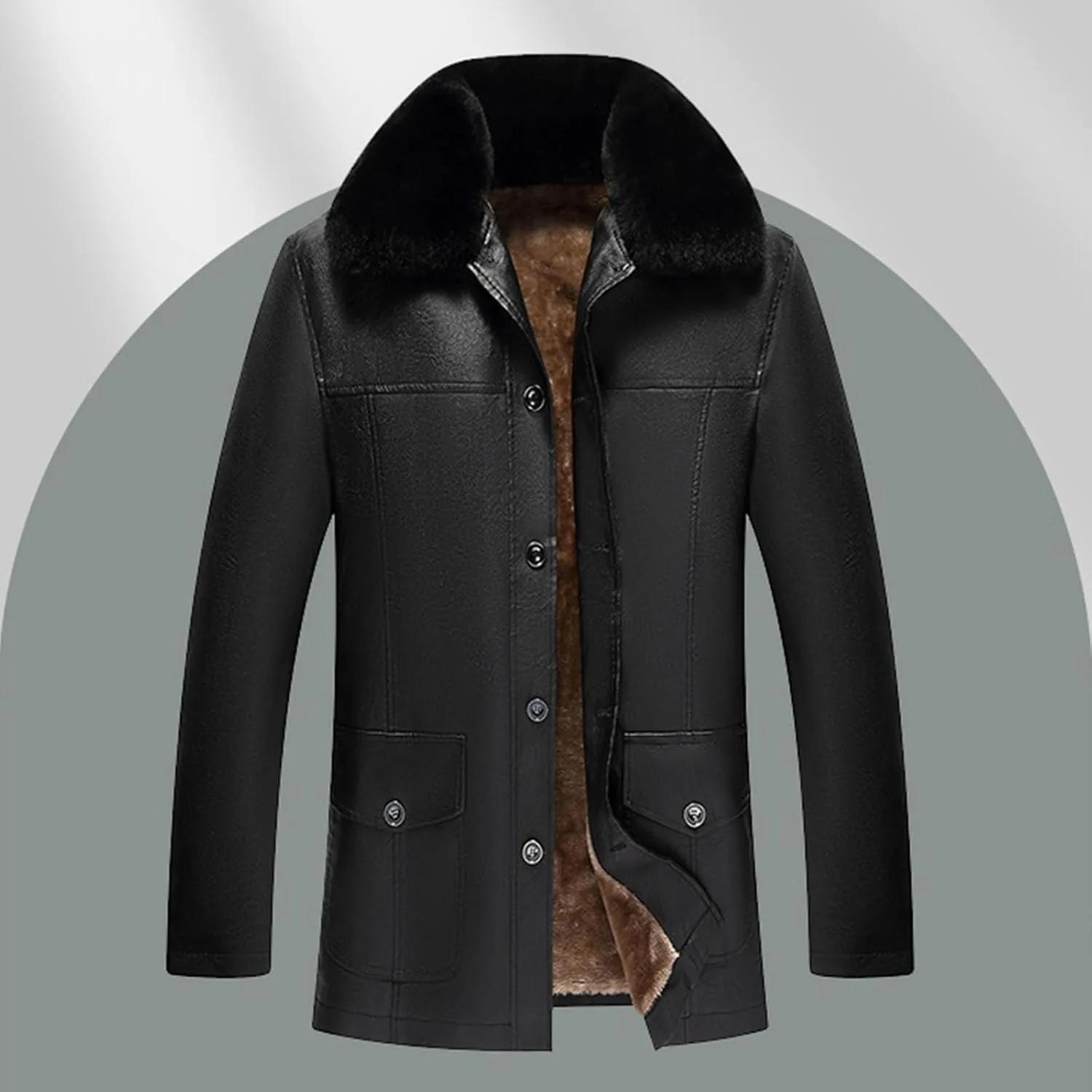 Men's Classic Faux Leather Jacket Motorcycle Winter Fleece Lined Sherpa Faux Fur Lapel Casual Zipper PU Leather Coats
