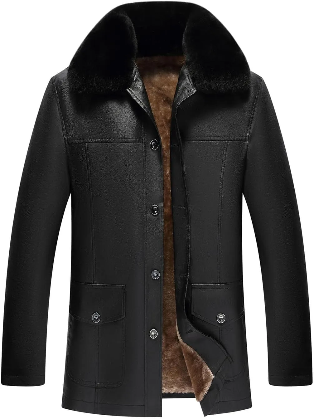 Men's Classic Faux Leather Jacket Motorcycle Winter Fleece Lined Sherpa Faux Fur Lapel Casual Zipper PU Leather Coats