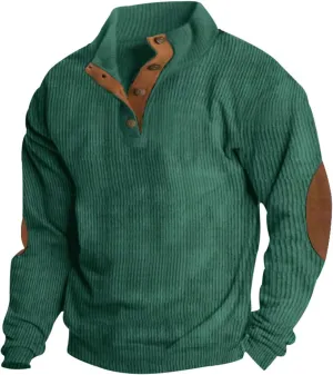 Mens Corduroy Shirt with Elbow Patches Lapel Collar Button Up Pullover Long Sleeve Sweaters Polo Sweatshirts