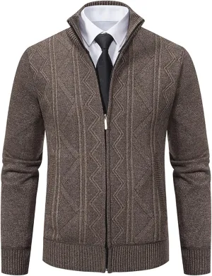 Mens Decent Full Zip Stand Collar Cardigans Business Casual Button Down Cable Knitted Sweater Blazers