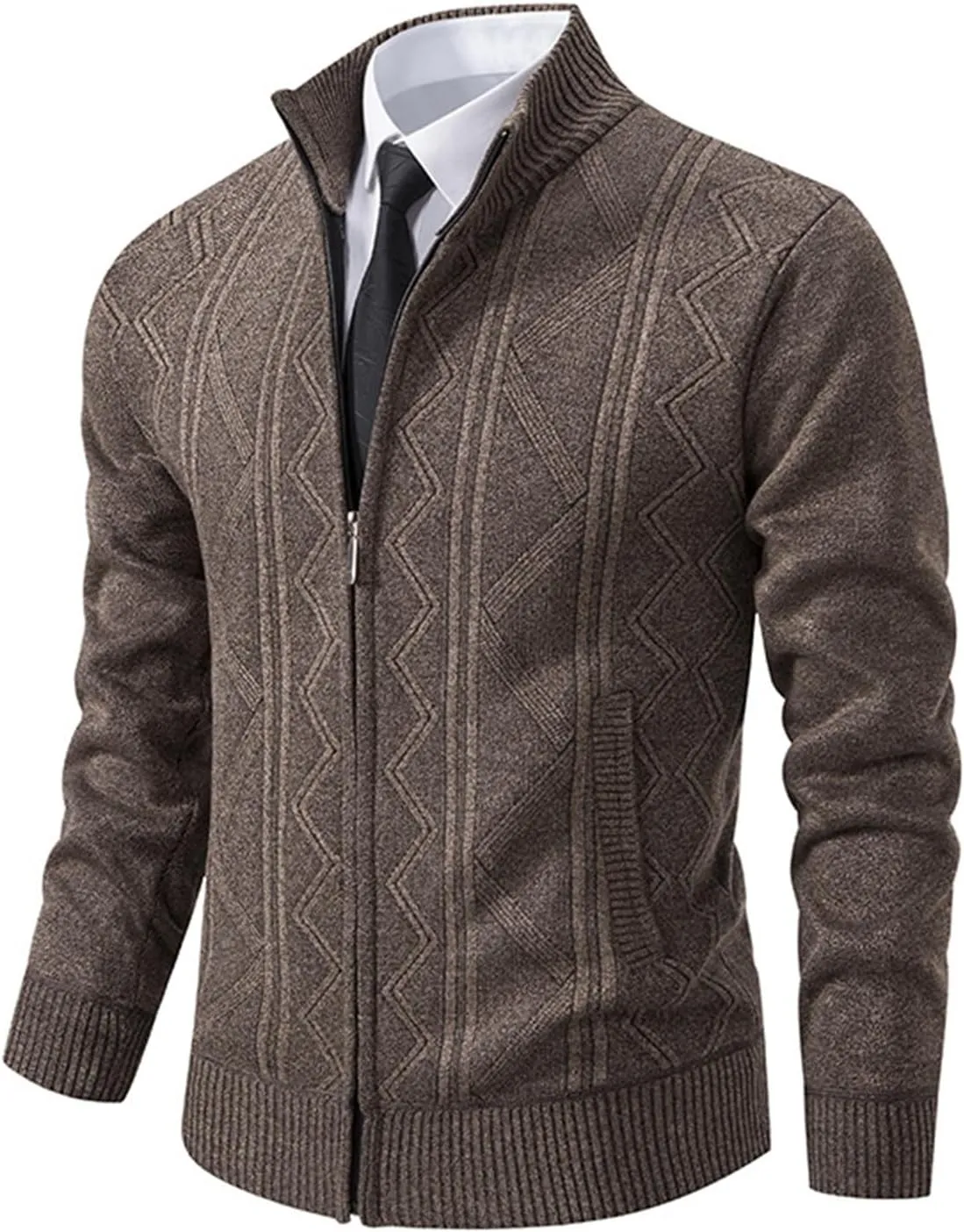 Mens Decent Full Zip Stand Collar Cardigans Business Casual Button Down Cable Knitted Sweater Blazers