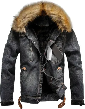 Mens Denim Jacket Plus Cotton Warm Fur Collar Sherpa Lined Denim Coat Vintage Fleece Cowboy Jean Jackets