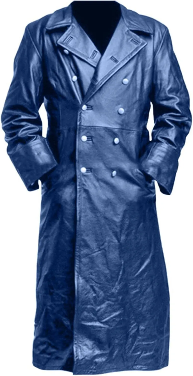 Mens Double Breasted Faux Leather Trench Coat Vintage Steampunk Overcoat German Windbreaker Long Winter Jackets