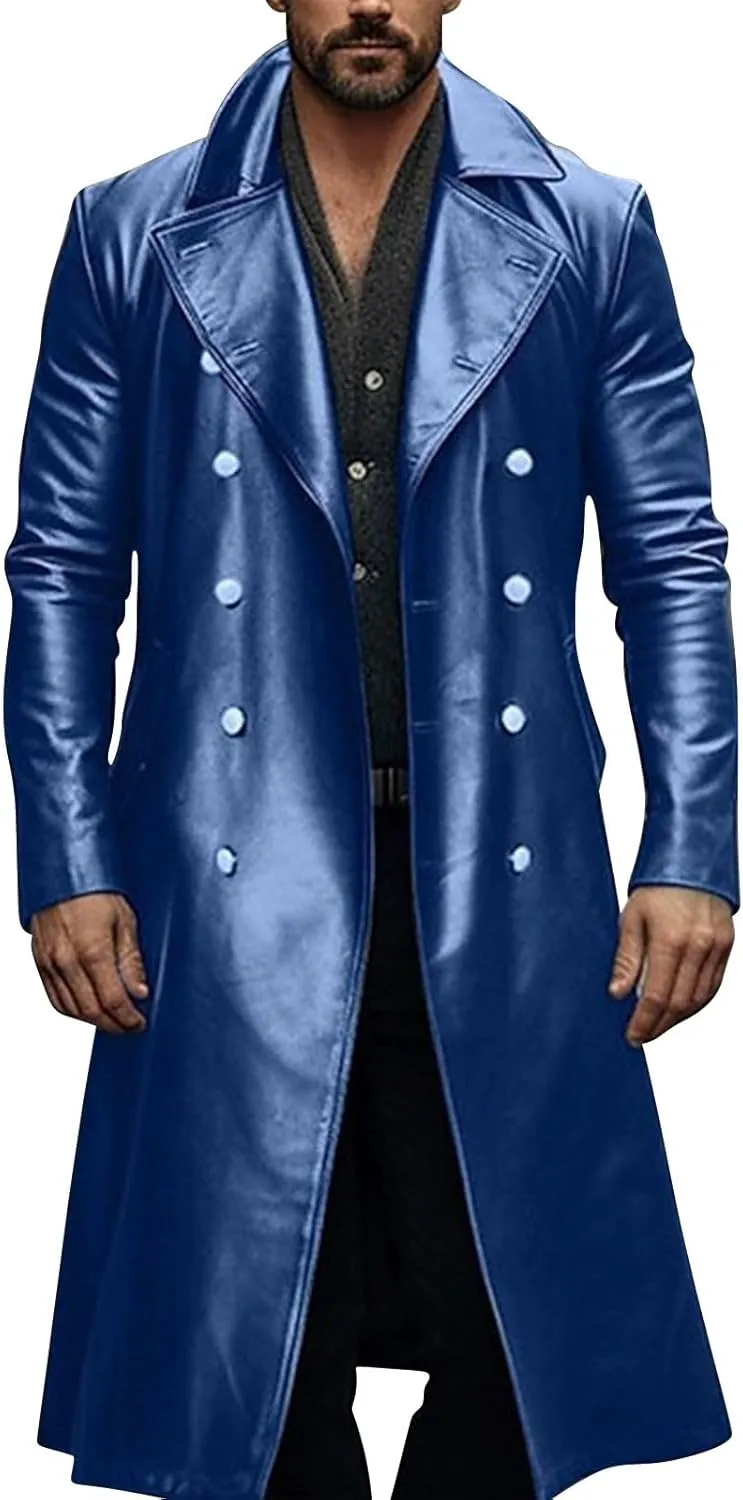 Mens Double Breasted Faux Leather Trench Coat Vintage Steampunk Overcoat German Windbreaker Long Winter Jackets