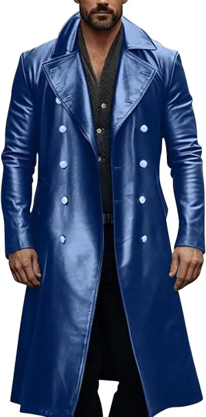 Mens Double Breasted Faux Leather Trench Coat Vintage Steampunk Overcoat German Windbreaker Long Winter Jackets