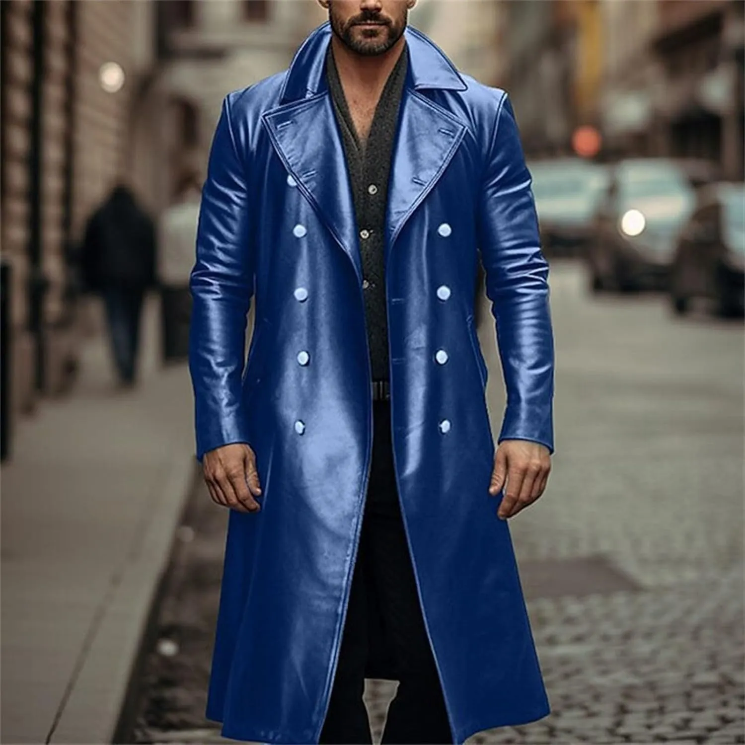 Mens Double Breasted Faux Leather Trench Coat Vintage Steampunk Overcoat German Windbreaker Long Winter Jackets