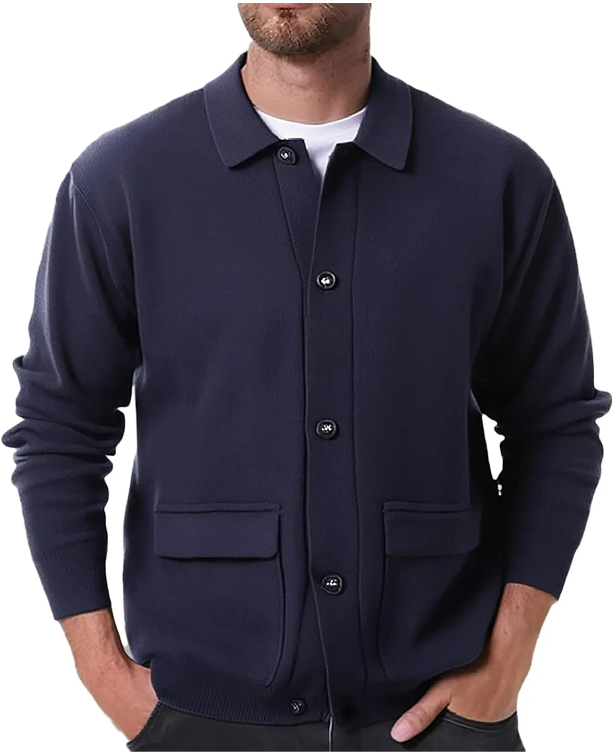 Mens Fall Lapel Cardigan Sweaters Vintage Long Sleeve Cardigans Lightweight Knitted Button down Sweaters with Pockets