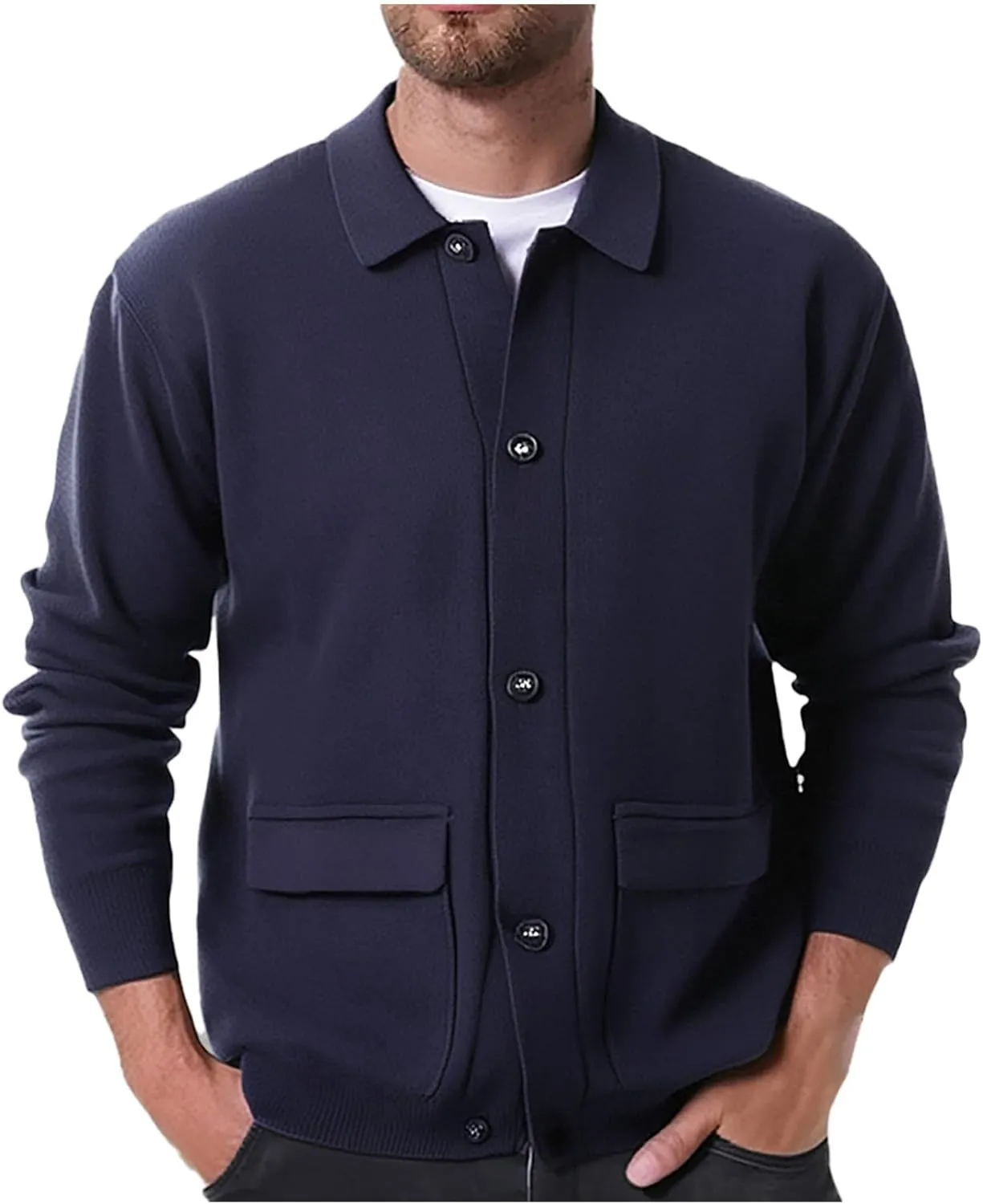 Mens Fall Lapel Cardigan Sweaters Vintage Long Sleeve Cardigans Lightweight Knitted Button down Sweaters with Pockets