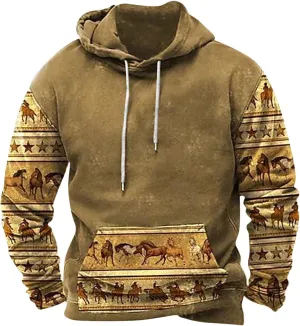Mens Fashion Hoodies Tops Aztec Ethnic Print Graphic Patchwork Sweatshirts Loose Long Sleeve Pocket Hooded Pullovers