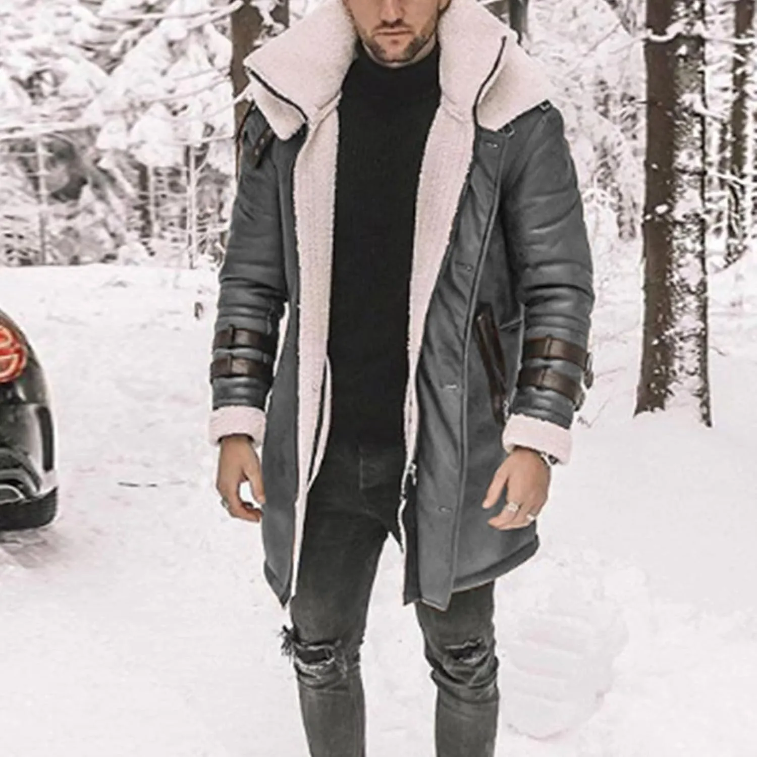 Mens Faux Fur Coat Faux PU Leather Long Jacket Winter Warm Trench Coats Fleece Sherpa Lined Suede Windbreaker Overcoat