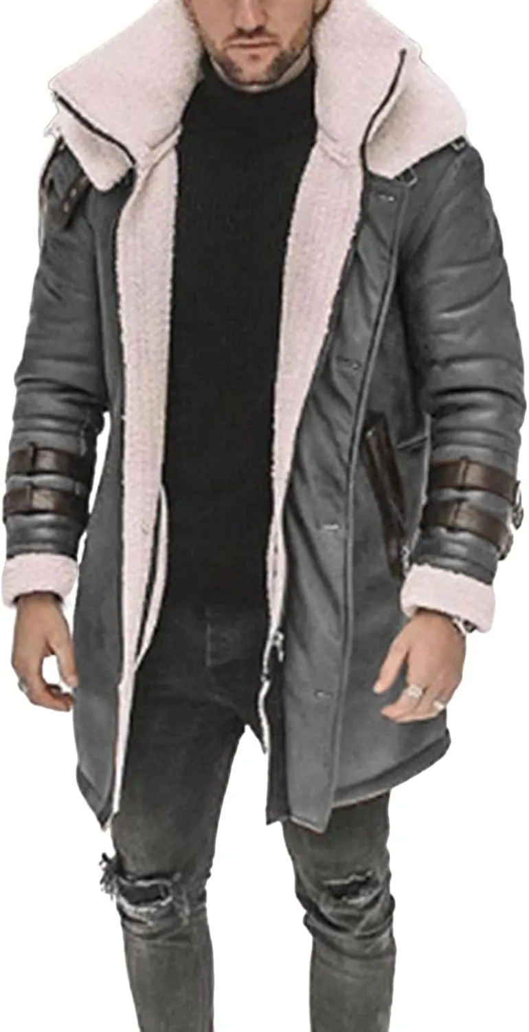Mens Faux Fur Coat Faux PU Leather Long Jacket Winter Warm Trench Coats Fleece Sherpa Lined Suede Windbreaker Overcoat