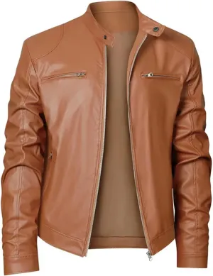 Mens Faux Leather Jacket Fall Full Zip Up Jacket Lightweight Stand Collar Motorcycle Bike Jacket with Pockets