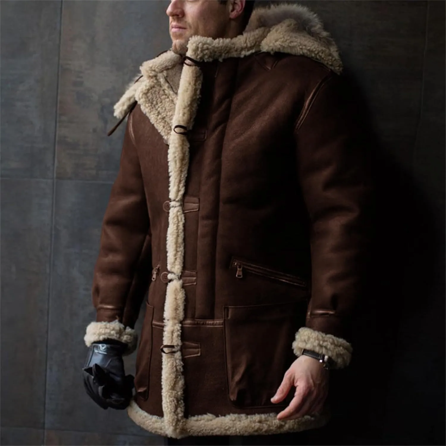 Mens Faux Suede Mid Length Overcoat Thick Fluffy Jacket Sherpa Lined Fleece Sheepskin Pea Coat Trench Coat with Pockets