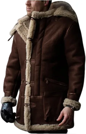 Mens Faux Suede Mid Length Overcoat Thick Fluffy Jacket Sherpa Lined Fleece Sheepskin Pea Coat Trench Coat with Pockets