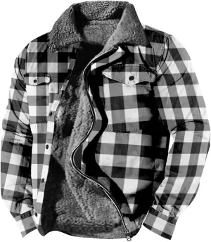 Men's Fleece Lined Sherpa Jacket Zip Up Plaid Shirts Jacket Heavyweight Winter Outdoor Thickened Thermal Coat Outwear
