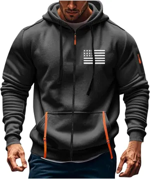Mens Full Zip American Flag Print Hoodie Army Long Sleeve Drawstring Shirt Soft Patriotic Sweatshirt with Pockets