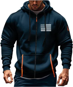 Mens Full Zip American Flag Print Hoodie Army Long Sleeve Drawstring Shirt Soft Patriotic Sweatshirt with Pockets